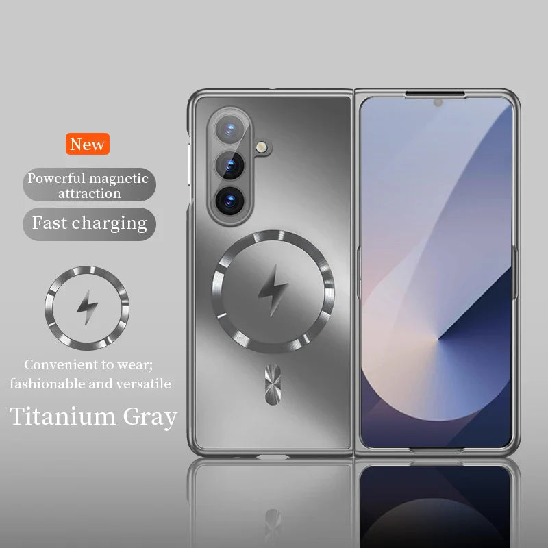 Foldable phone case with magnetic attraction and fast charging features on a gray background