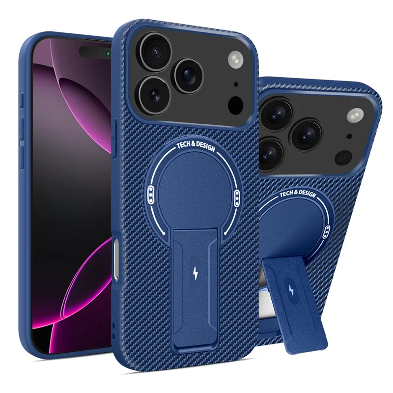Magnetic Carbon Fiber Texture Bracket Phone Case Wireless Charging Shockproof Cover For iPhone 17 /16 /15 /14 – Luxury Phone Cases by Kayzify