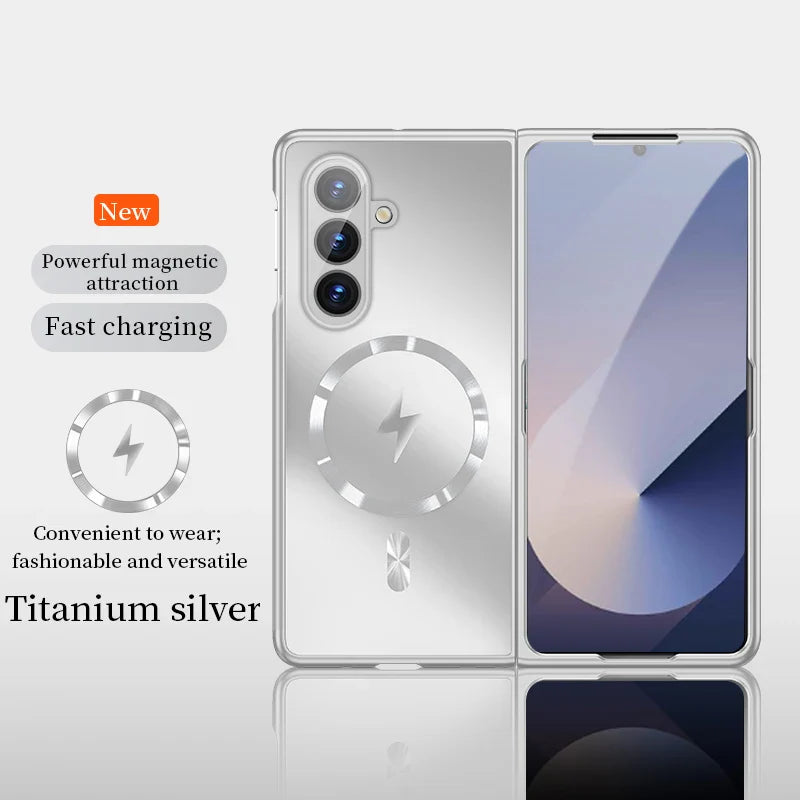 Foldable phone with titanium silver case on a white background