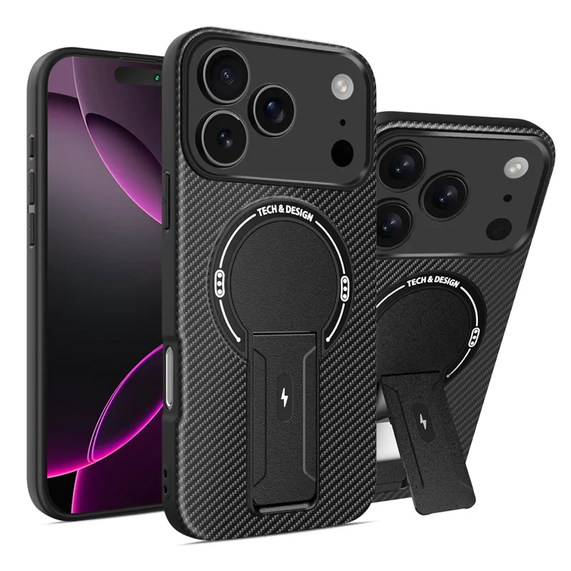 Magnetic Carbon Fiber Texture Bracket Phone Case Wireless Charging Shockproof Cover For iPhone 17 /16 /15 /14 – Luxury Phone Cases by Kayzify