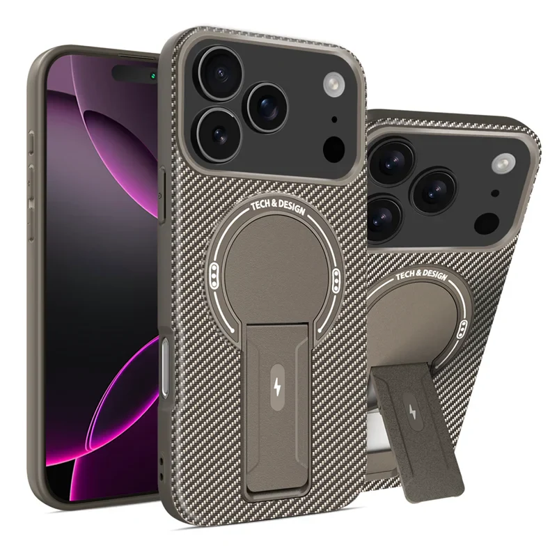 Magnetic Carbon Fiber Texture Bracket Phone Case Wireless Charging Shockproof Cover For iPhone 17 /16 /15 /14 – Luxury Phone Cases by Kayzify