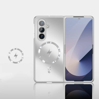 Foldable smartphone with metallic case on a light gray background